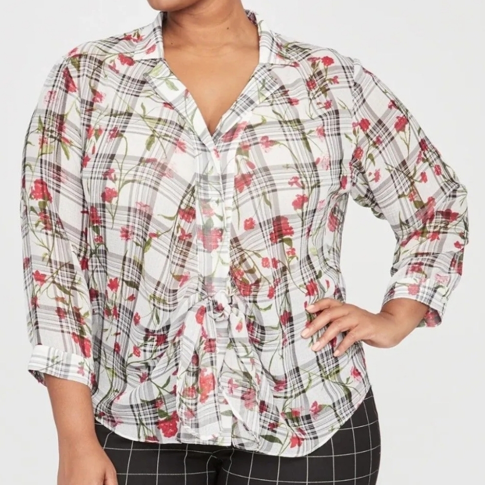 NWT Rachel Roy Collection Blouse Floral Plaid Sheer Button Up Tie Detail 2X Top